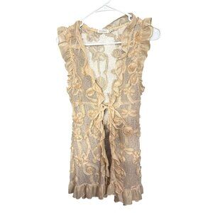 Beige Lace Fairy Coquette Small Sleeveless Vest With Floral Embroidery & Ruffle